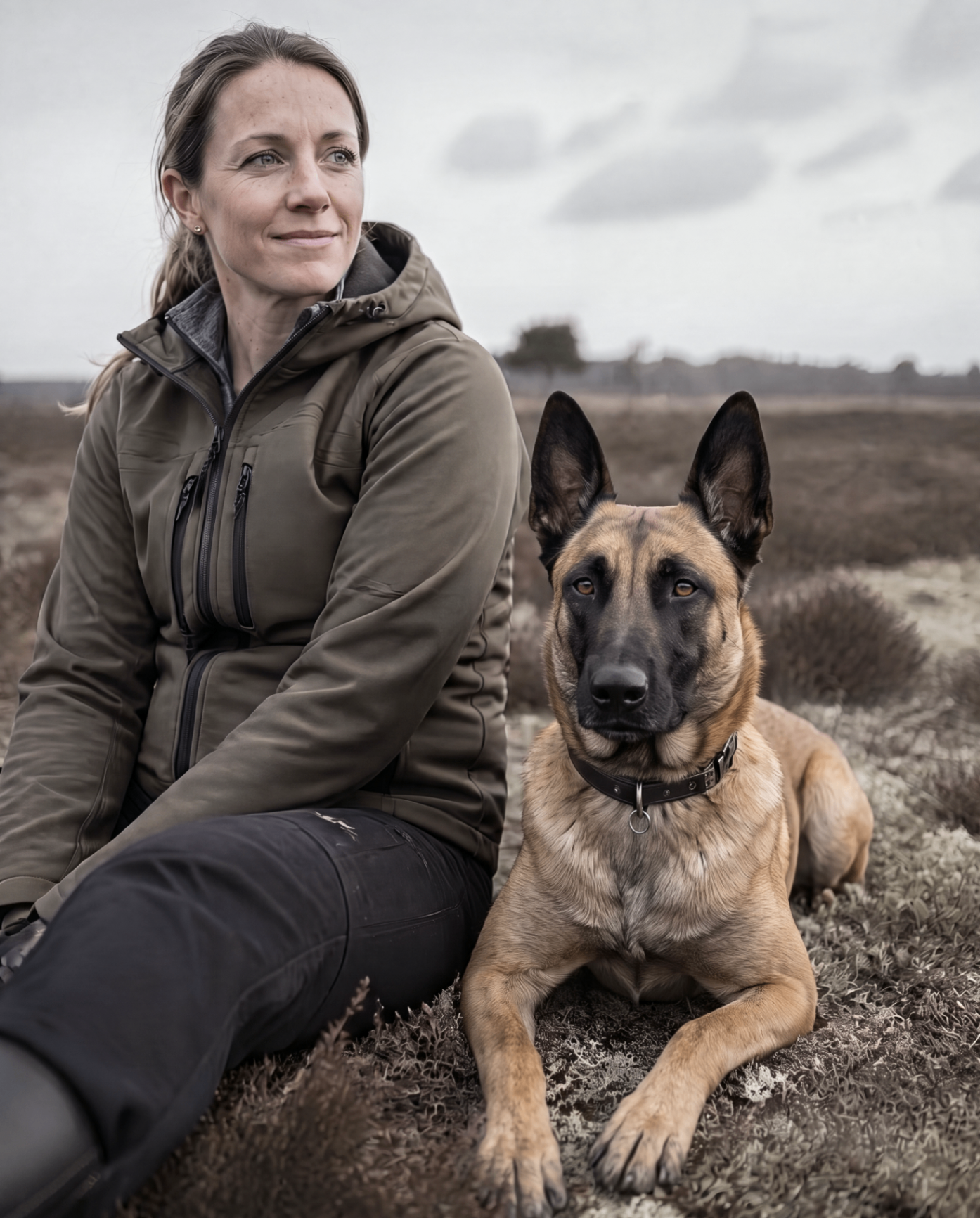 Eva met haar Mechelse herder Storm op de heide